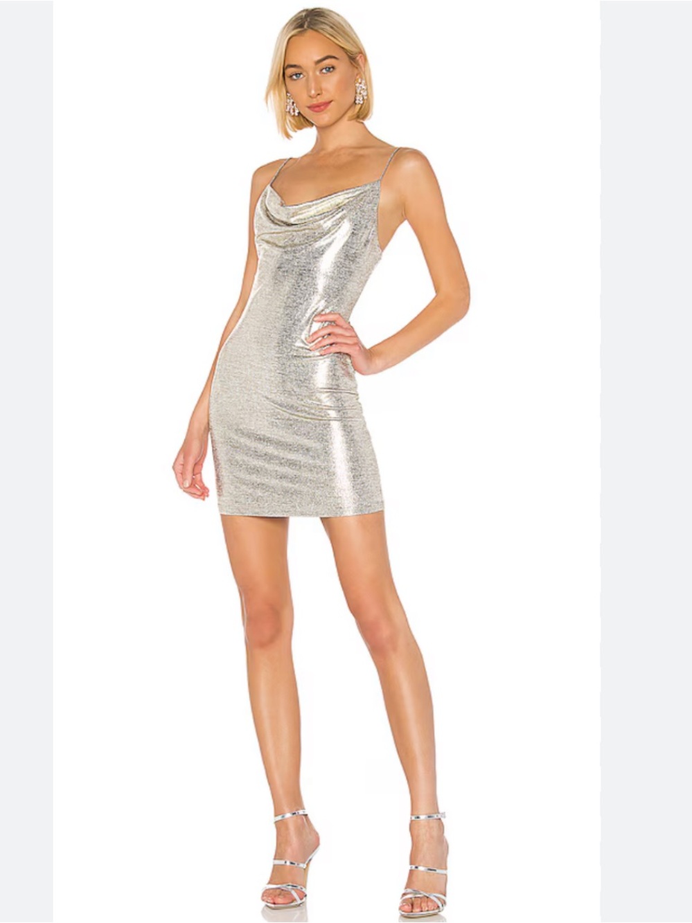 Alice + Olivia Silver Metallic Cowl Neck Mini Dress